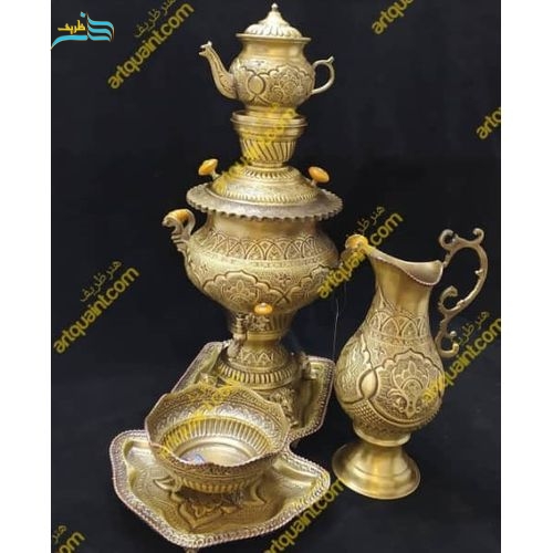 خرید، قیمت و مشخصات سرویس 5 تکه سماور برنجی قلمزنی 4 لیتری، با بدنه ضخیم و رنگ ثابت، زیر قیمت بازار  | هنرظریف