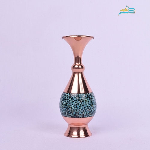 خرید، قیمت و مشخصات گلدان صراحی 16 فیروزه کوبی با تلفیق هنر و مس و با ترکیب سنگ فیروزه | هنرظریف