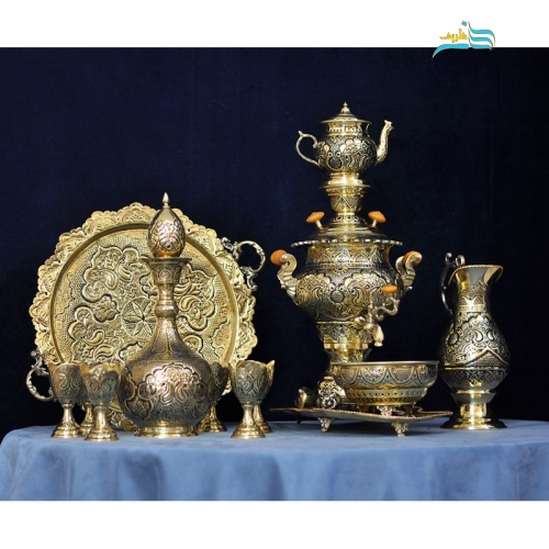 خرید، قیمت و مشخصات سرویس 5 تکه سماور برنجی دکوری و شربت خوری قلم دست، زیر قیمت بازار | هنرظریف