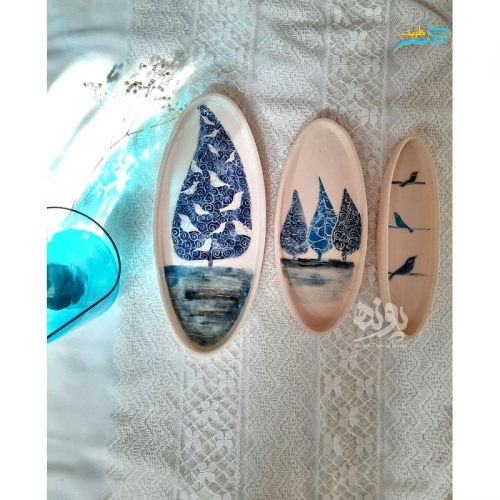 خرید، قیمت و مشخصات دیس سرو سرامیکی ۳ تایی با تکنیک نقاشی زیر لعابی و اسگرافیتو، بسیار شیک | هنرظریف