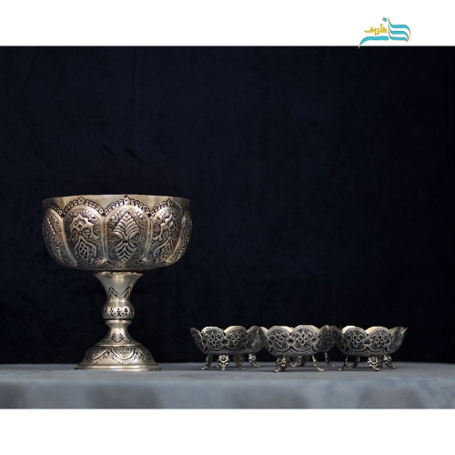 خرید، قیمت و مشخصات سرویس آجیل خوری شش نفره با آبکاری نقره و سیاه قلم کوره ای، زیر قیمت بازار | هنرظریف