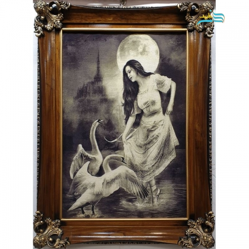 خرید، قیمت و مشخصات تابلو فرش دستبافت تبریز با عنوان زن و قوها، جنس کلک و ابریشم اثر استاد عاقلی | هنرظریف