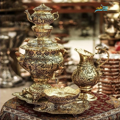 خرید، قیمت و مشخصات کامل سرویس سماور دکوری برنجی ٤ لیتری با آبکاری شبه طلا | هنرظریف