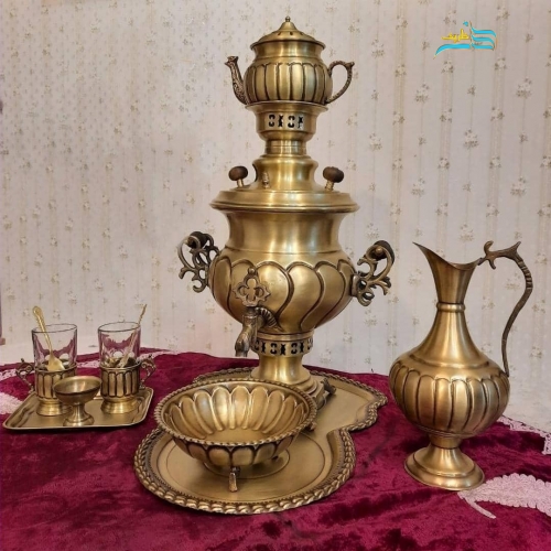 خرید، قیمت و مشخصات سرویس سماور زغالی برنجی 4 لیتری، مدل نگین با چایخوری 2 نفره | هنرظریف
