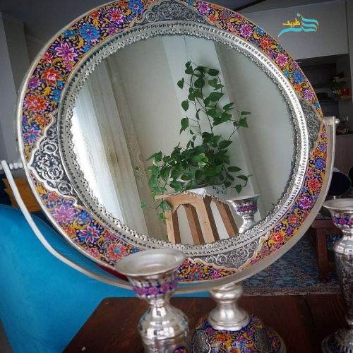 خرید، قیمت و مشخصات آینه شمعدان برنجی روکش نقره ریز قلم، نقاشی دست و سفارشی ساز | هنرظریف