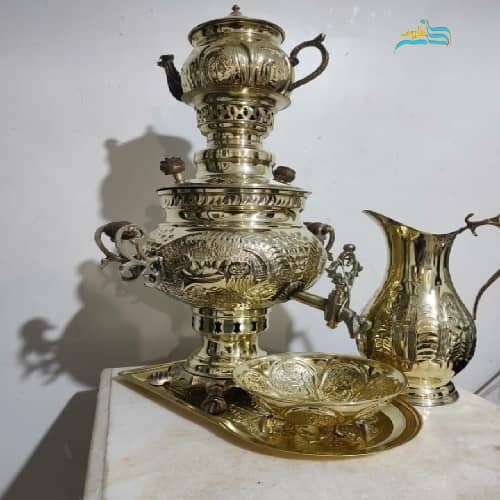 خرید، قیمت و مشخصات سرویس سماور 4 لیتری زغالی برنجی ریز قلم و سنگین وزن| هنرظریف