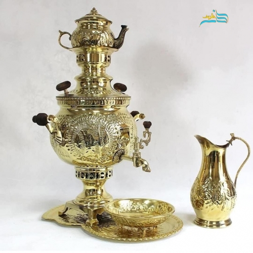 خرید، قیمت و مشخصات سرویس سماور زغالی 6 لیتری برنجی، رنگ ثابت، قلم دست اعلاء به قیمت تولیدی | هنرظریف