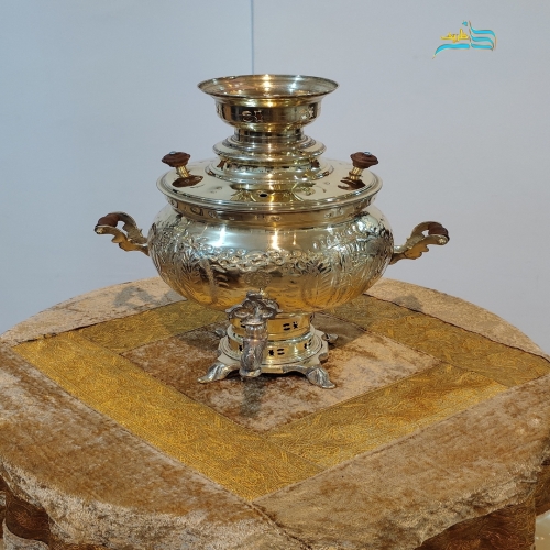 مشخصات کامل سماور ذغالی برنجی ۶ لیتری، مدل توپی، قلم زنی تخت جمشید، سنگین وزن | هنرظریف