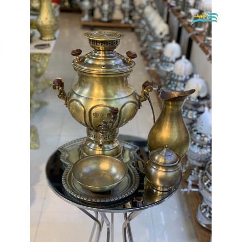 خرید، قیمت و مشخصات سرویس 5 تکه سماور زغالی برنجی 6 لیتری با ورق یک دهم زیر قیمت بازار | هنرظریف