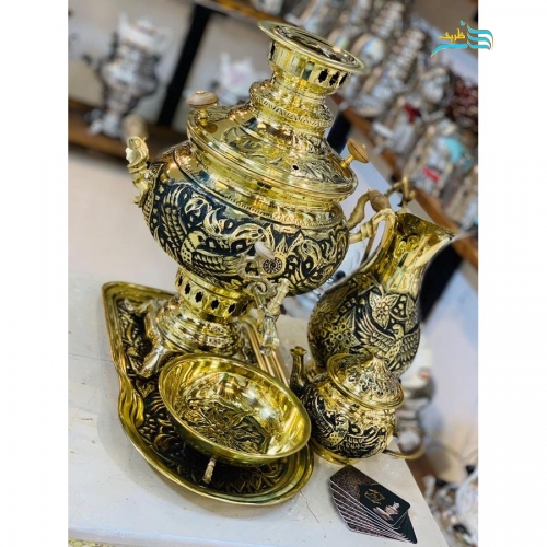 خرید، قیمت و مشخصات سرویس سماور برنجی زغالی 8 لیتری سیاه قلم با ورق یک دهم به قیمت تولیدی | هنرظریف