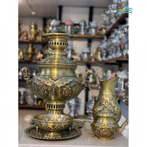 خرید، قیمت و مشخصات سرویس سماور زغالی برنجی 8 لیتری، سنگین وزن به قیمت تولیدی | هنرظریف