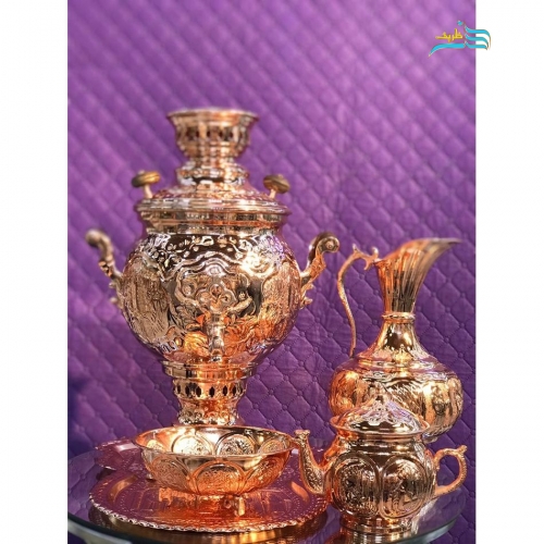 خرید، قیمت و مشخصات سماور زغالی برنجی 5 لیتری قلم زنی با روکش کوره ای مس، زیر قیمت | هنرظریف