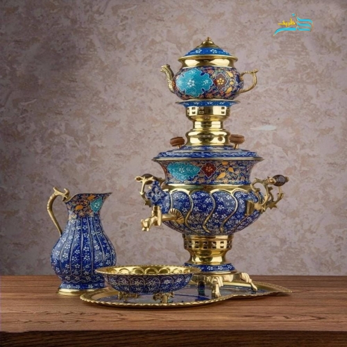 خرید، قیمت و مشخصات سرویس سماور برنجی دکوری 3 لیتری با نقاشی دست و روکش پلی استر | هنرظریف