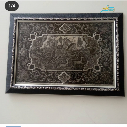 خرید، قیمت و مشخصات تابلو قلمزنی مسی سیاه قلم با مضمون شکارگاه، چهره و حیوان - هنرظریف