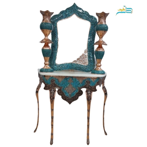خرید، قیمت و مشخصات ست آینه، لاله و میز کنسول مسی فیروزه کوبی و قلم زنی شده - هنرظریف