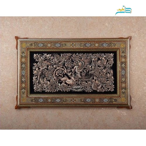 خرید، قیمت و مشخصات تابلو قلمزنی مسی 67 در 107 سانتیمتر با قاب خاتم زیر قیمت بازار - هنرظریف