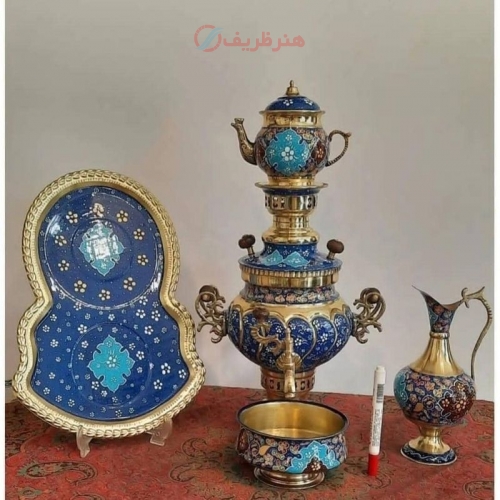 خرید و قیمت سرویس سماور برنجی با نقاشی دست 3 لیتری، مدل عدسی و دسته توری - هنرظریف