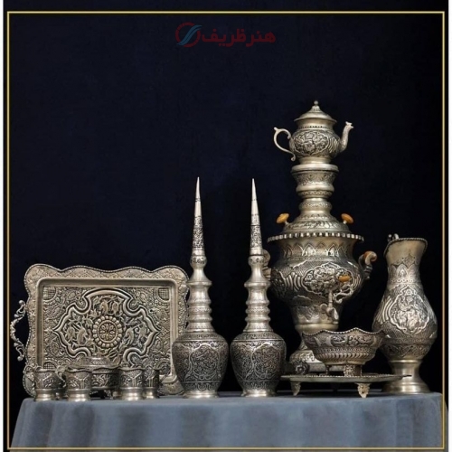 سماور دکوری - سرویس سماور برنجی قلمزنی 5 لیتری روکش نقره طرح اسلیمی اثر استاد هرندی - هنرظریف