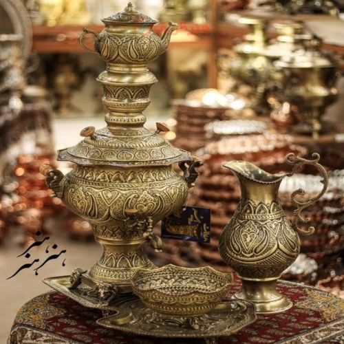 خرید و قیمت سرویس سماور برنجی 5 لیتری قلم دست اعلاء، آنتیک شده، اثر استاد رحمتی - هنرظریف