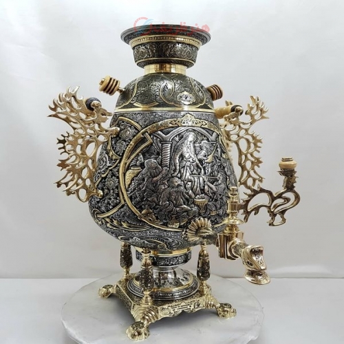 خرید و قیمت سماور برنجی زغالی ۸ لیتری مدل جام سیاه قلم، نقش شکارگاه، اسلیمی، گل مرغ و بزم - هنرظریف