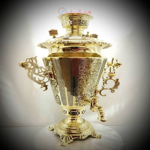 خرید و قیمت سماور برنجی زغالی مدل تراش جدید، ۸ لیتری دسته توری، طرح آئینه دار انحصاری - هنرظریف