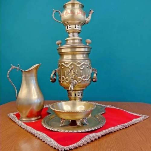 خرید، قیمت و مشخصات سرویس سماور ١.٥ لیتری برنجی زغالی تخت جمشید _ هنرظریف