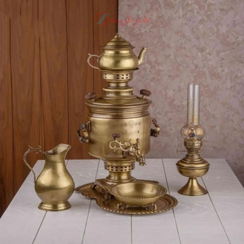 خرید و قیمت سرویس سماور برنجی ٦ لیتری دست ساز روکش نانو - هنرظریف