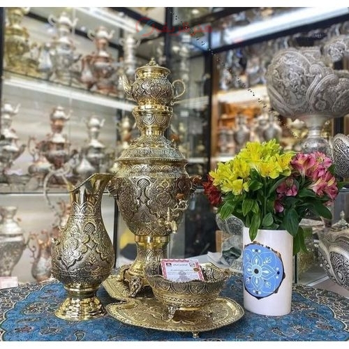 خرید و قیمت سرویس سماور برنجی دکوری قلم دست اعلاء، سیاه قلم شده، زیر قیمت بازار  - هنرظریف
