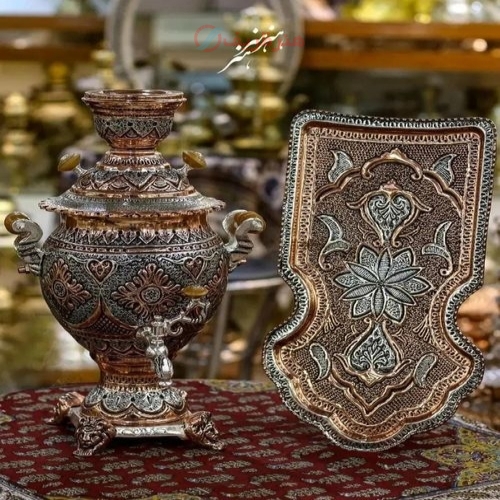 خرید و قیمت سرویس سماور ٣.٥ لیتری قلمزنی با آبکاری نقره و مس - هنرظریف