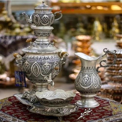 خرید و قیمت سرویس سماور ٣ لیتری قلمزنی با آبکاری نقره و سیاه قلم - هنرظریف