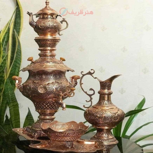 خرید، قیمت و مشخصات جدیدترین سرویس سماور تمام مسی ذغالی ۶ لیتری - هنرظریف