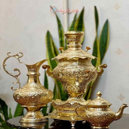 قیمت و خرید - سرویس سماور قلمزنی برنجی 3.5 لیتری لوکس با سرویس کامل - هنرظریف