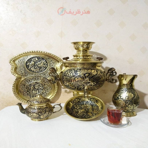 خرید جدیدترین سرویس سماور زغالی قلمزنی برنجی 6 لیتری  - هنرظریف