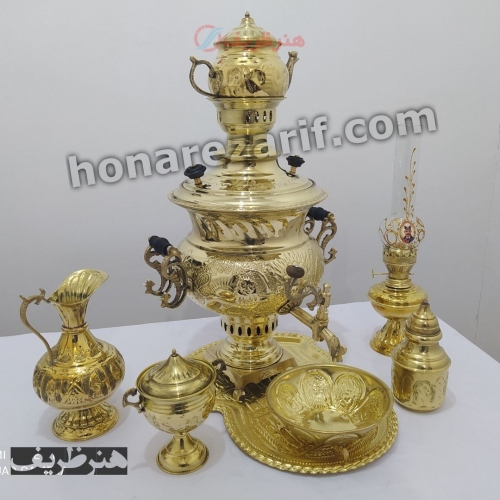 خرید و قیمت سرویس سماور زغالی برنجی 7 لیتری لبه دار قلمزنی - هنرظریف