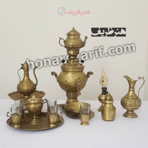 قیمت و خرید - سرویس کامل سماور زغالی برنجی 3 لیتری توپی قلم دست - هنرظریف