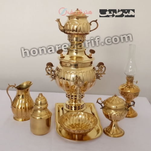 قیمت و خرید - سرویس کامل سماور زغالی برنجی 3 لیتری آینه ای عدسی - هنرظریف