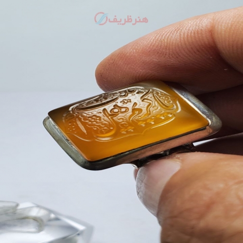 خرید انگشتر مردانه مجلسی عقیق اصل هندی تراش مستطیل با درج مهر النور اثر استاد نظری - هنرظریف