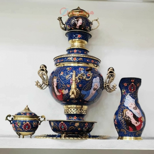 خرید، قیمت و مشخصات سرویس 5 تکه سماور دست ساز برنجی میناکاری با نقاشی دست - هنرظریف