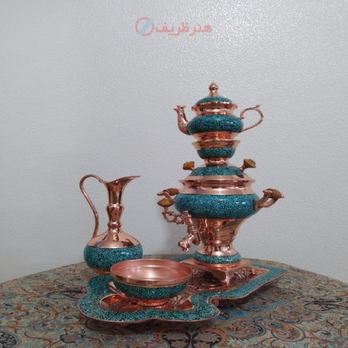 سماور فیروزه کوبی مسی - قیمت و خرید سرویس 5 تکه سماور مسی فیروزه کوبی دست ساز - هنرظریف