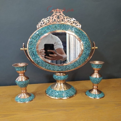 خرید، قیمت و مشخصات آینه شمعدان مسی تاج دار فیروزه کوبی گهواره ای در سایز های مختلف - هنرظریف