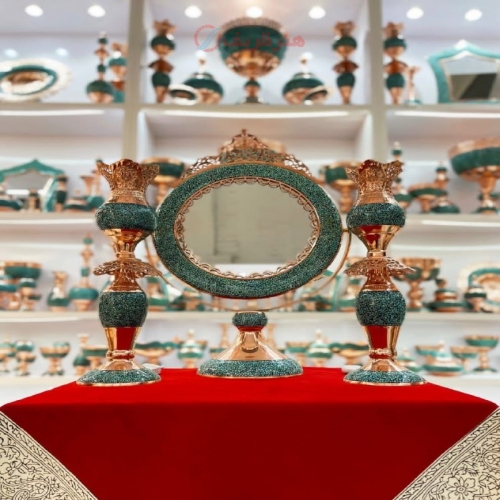 خرید و قیمت آینه و لاله فیروزه کوبی مسی دست ساز با فیروزه اصل نیشابور - هنرظریف