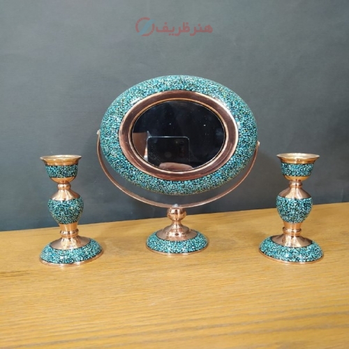 خرید و قیمت آینه شمعدان فیروزه کوبی مسی گهواره ای دست ساز - هنرظریف
