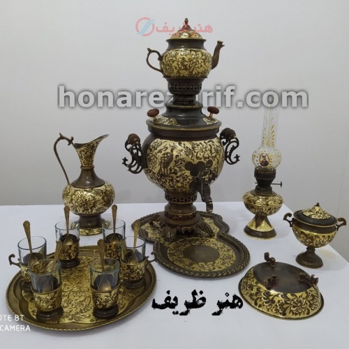 خرید و قیمت سرویس سماور برنجی 6 لیتری دکوری طرح سیمرغ 14 تکه - هنرظریف