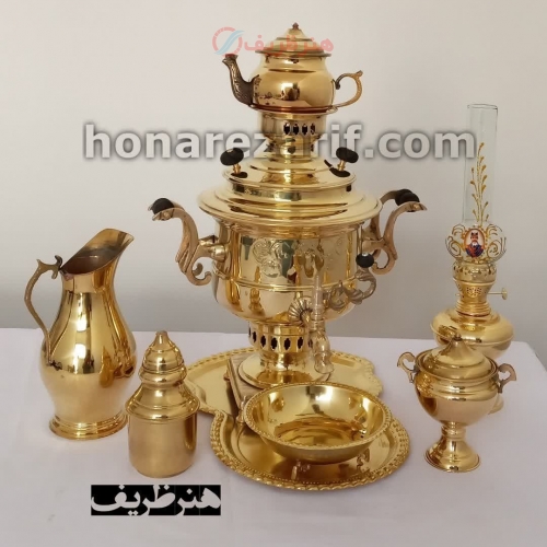 خرید و قیمت سرویس سماور برنجی 6 لیتری زغالی مدل قابلمه ای دو رنگ طلایی و آنتیک - هنرظریف