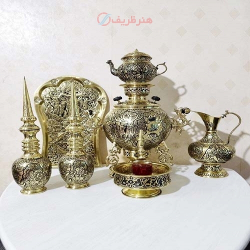 خرید، قیمت و مشخصات سرویس سماور 5 لیتری ذغالی برنجی جهان نما دسته توری (3 پایه) - هنرظریف