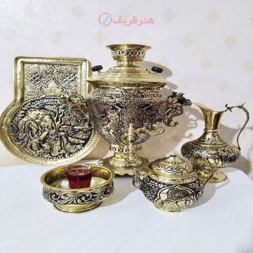 خرید، قیمت و مشخصات سماور زغالی برنجی سفارشی 6 لیتری قلمزنی طرح مینیاتور  (ذغالی) - هنرظریف