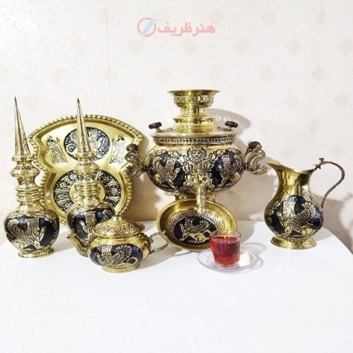 مشخصات کامل سماور زغالی برنجی سفارشی 6 لیتری توپی دسته توری طرح هخامنش - هنرظریف