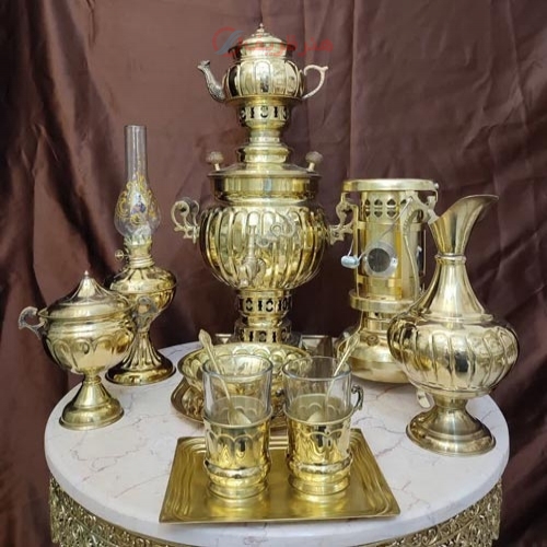 خرید، قیمت و مشخصات سرویس کامل سماور زغالی برنجی 3 لیتری 13 پارچه کاربردی و دکوری - هنرظریف