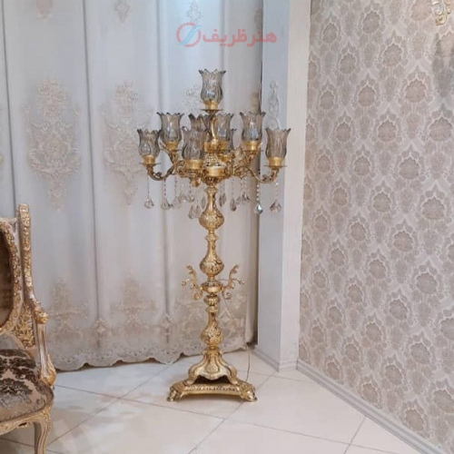 مشخصات کامل آباژور شاخه کوچک نازگل با لاله بلند، 4 شاخه 9 روشنایی به ارتفاع 170 سانت، آبکاری برنز - هنرظریف