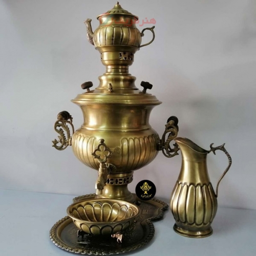 خرید آنلاین سماور زغالی 7 لیتر برنجی لب دار با سرویس کامل 5 تکه ورق ضخیم | هنرظریف